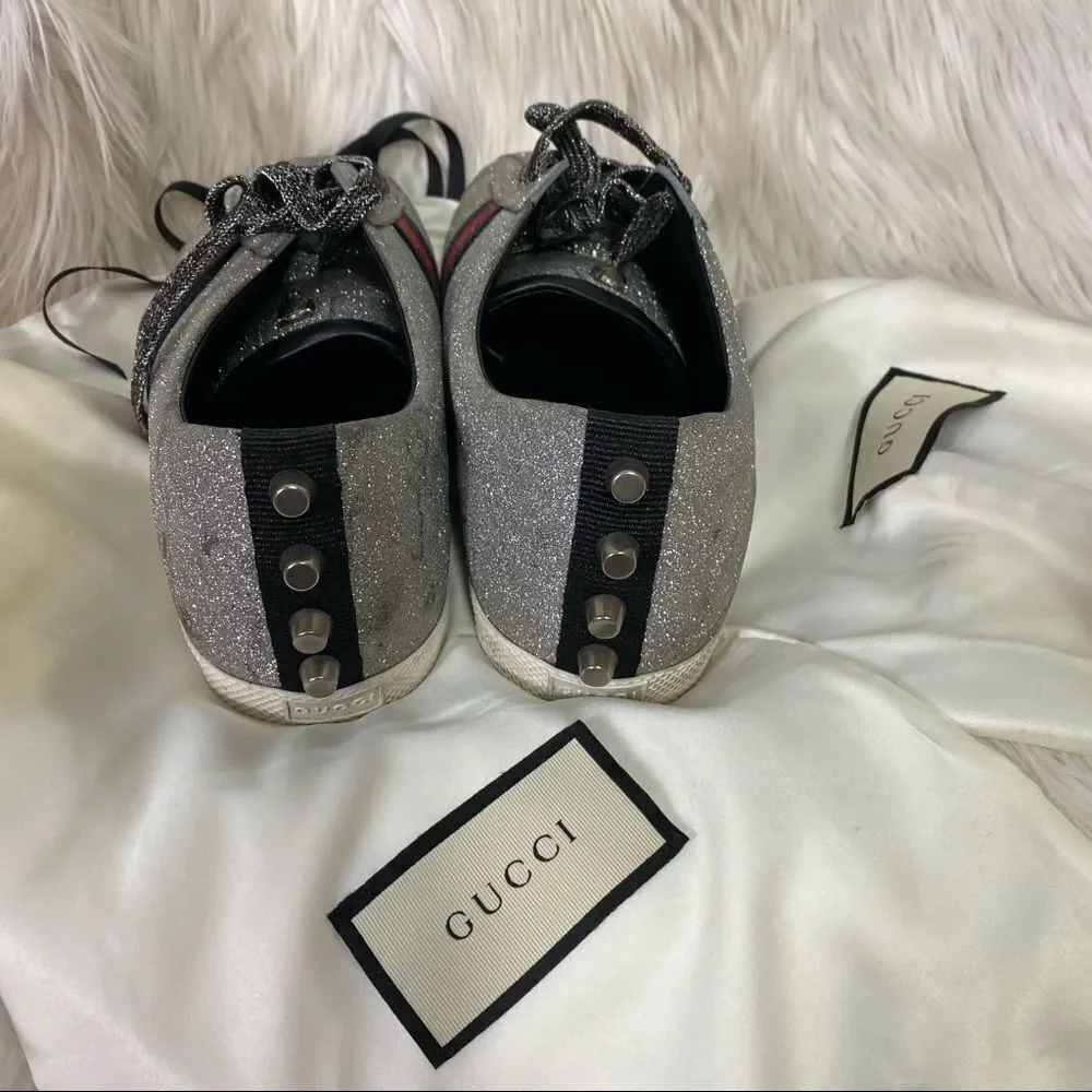 GUCCI Silver Metallic Glitter Web Leather Sneakers With Studs #414684 Size 9